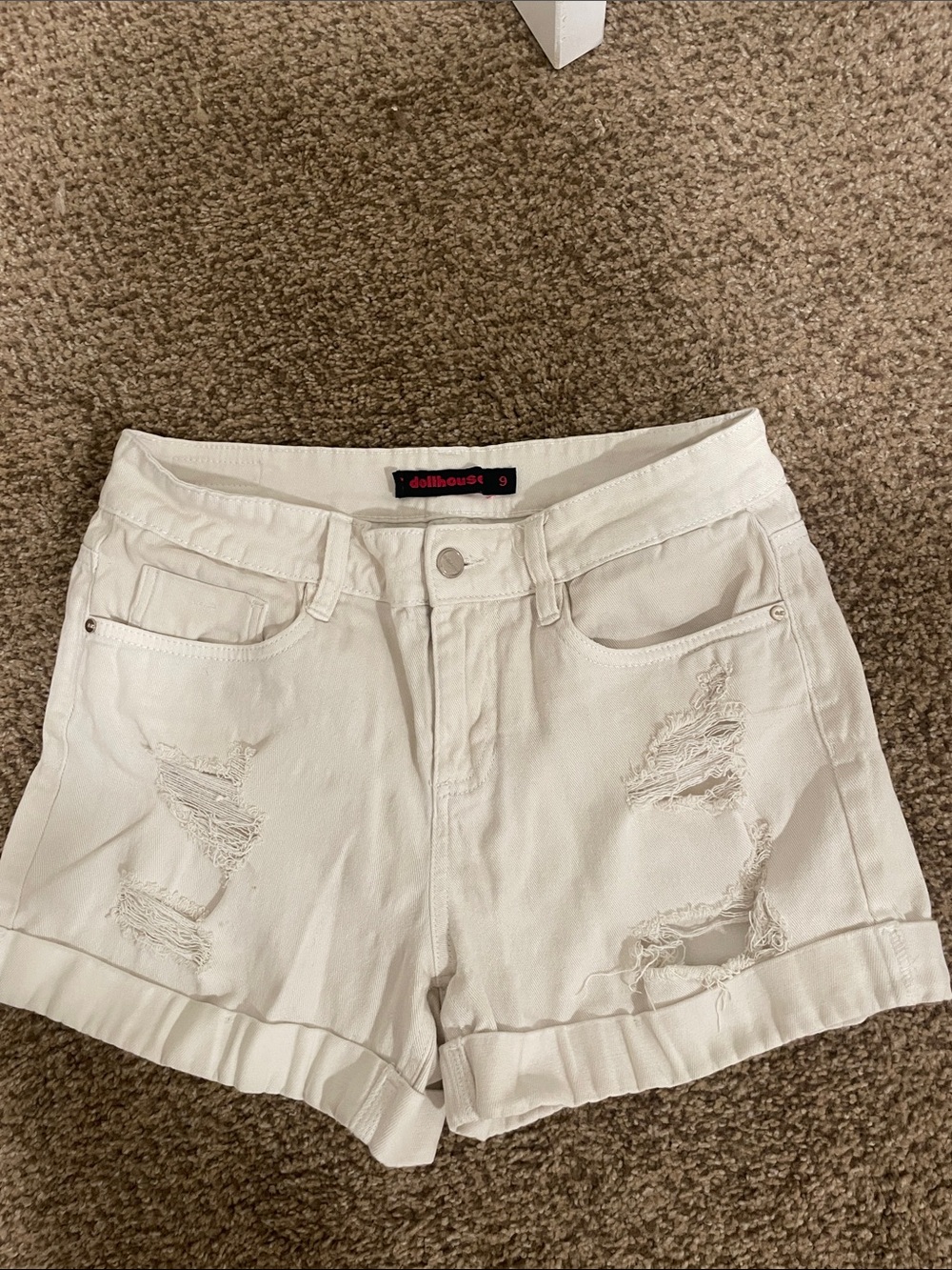 Dollhouse White Distressed Rolled-Hem Denim Shorts